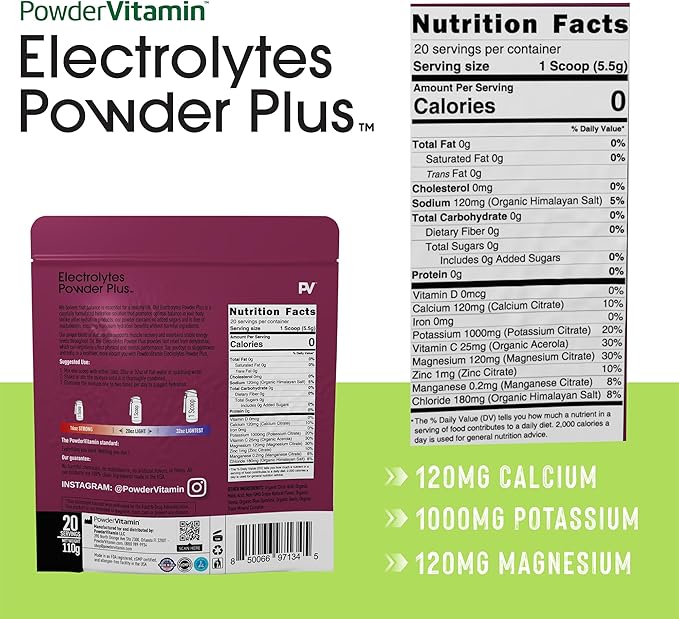 PowderVitamin Electrolytes Powder Plus (20 Servings) Grape Electrolyte Powder Zero Calorie Keto,0 Sugar, No Maltodextrin,1000mg Potassium,120mg Calcium,120mg Magnesium, Pink Himalayan Salt