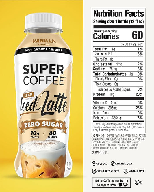 Super Coffee, Ready To Drink Iced Coffee, Vanilla Latte (12 Ounce Bottles, Pack of 12) - Low Net Carbs, No Added Sugar, Keto Friendly, 10g of Protein, Low Calorie, Protein Coffee