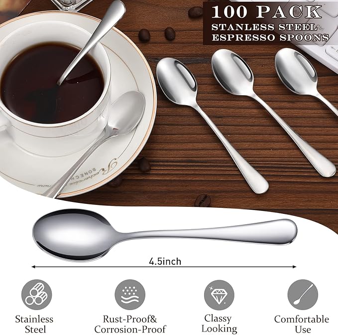 100 Pcs Demitasse Espresso Spoons Stainless Steel Bulk, 4.33'' Small Mini Coffee Tasting Dessert Spoons for Kitchen Dessert, Tea, Appetizer, 1.18'' Wide(Classic Style,Silver)