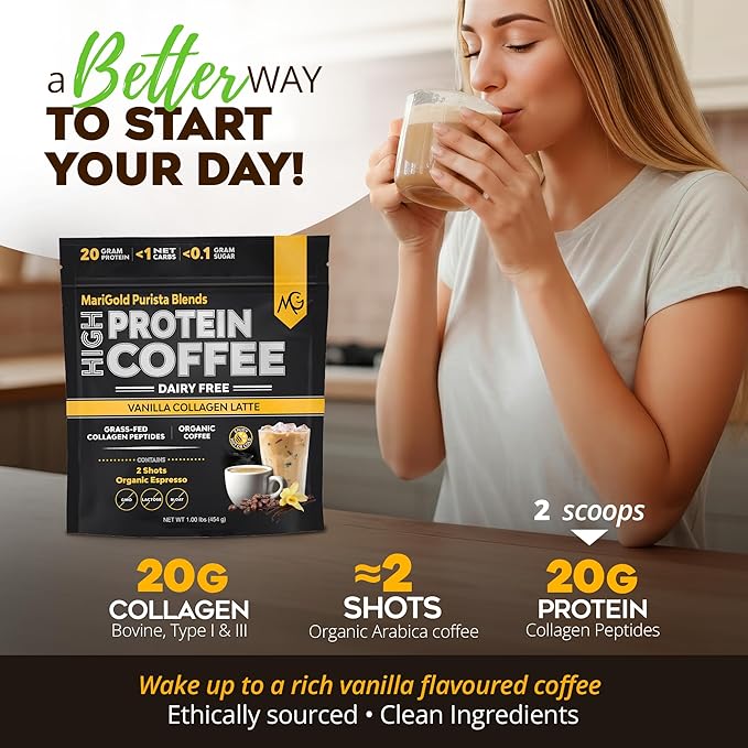 MariGold High Protein Collagen Coffee - Vanilla Collagen Latte, Dairy Free, 20g Grass-Fed Type I & III Collagen Peptides, Energy Boost, 2 Shots Organic Espresso, Non-GMO, 1 Lb Bag, 15 Servings