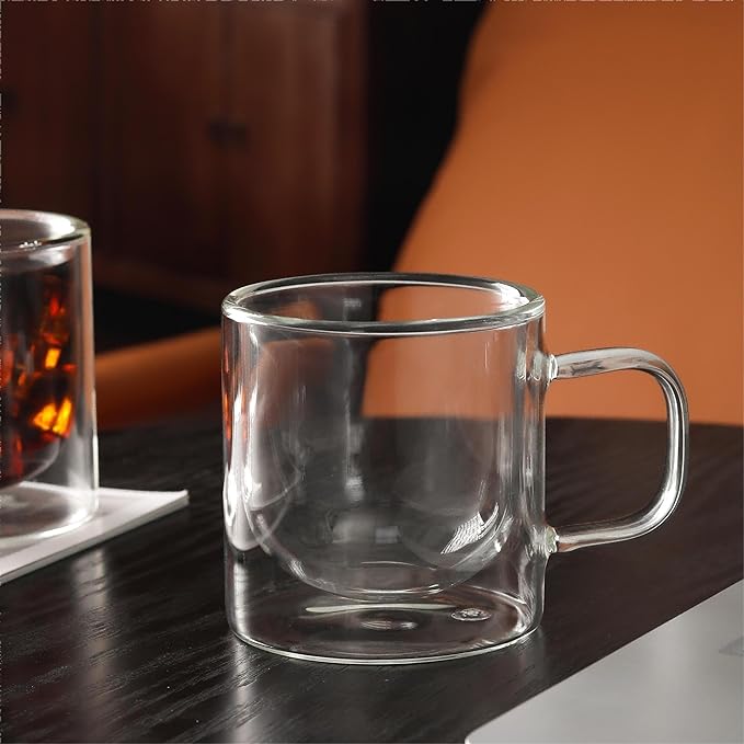 NIRA.Z 12 OZ Double Walled Glass Coffee Mugs Set of 2 Clear Coffee Cups with Handle 355ml Hand-Blown Insulated Glass Tea Cups for Hot & Cold Beverages, Cappuccino, Latte, Tea Bags, Espresso, Americano