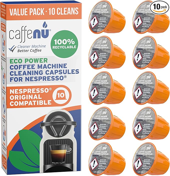 Caffenu Nespresso Compatible Cleaning Pods. 10 Cleaner Capsules. Improved Coffee Flavor. For Nespresso Originaline, Use with Descaling Kit.