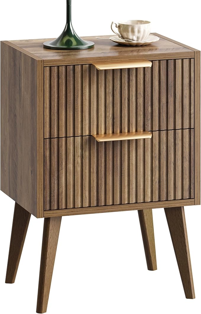 Mid Century Modern Nightstand,Small Bedside Table with 2 Drawers,Fluted Side Table,Walnut Brown End Table for Living Room,Bedroom,Small Space,Caramel Oak 11.8" D x 16" W x 22.4" H CTG55BR