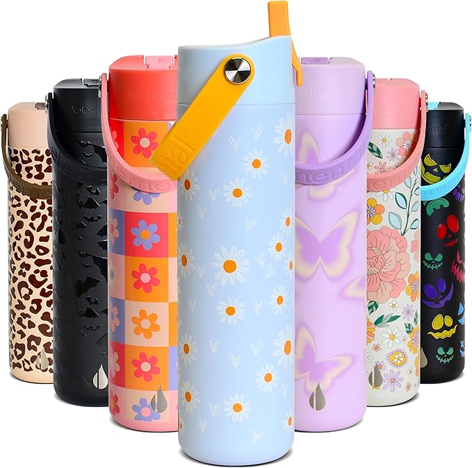 Elemental 24oz Insulated Water Bottle with Straw - 100% Leak-Proof Stainless Steel Core Water Bottles for Travel, Sports and Gym - Double Wall Insulation & BPA Free - Daisy Daydream