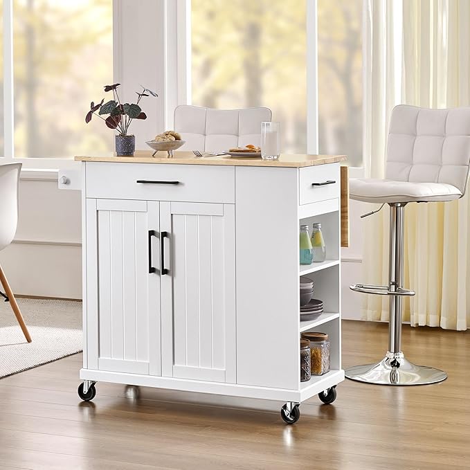Yaheetech Rolling Kitchen Island Cart with Drop Leaf, Portable Rubberwood Breakfast Bar with Storage Cabinet, Open Shelves & Detachable Towel, 2 Drawers, White