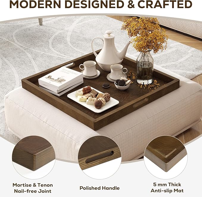 Axeman 20 Inch Large Square Wooden Ottoman Tray for Living Room|Extra Large Serving Tray with Handles for Coffee Table, Breakfast|Decorative Wood Tray for Ottoman Couch Sofa Kitchen|Walnut