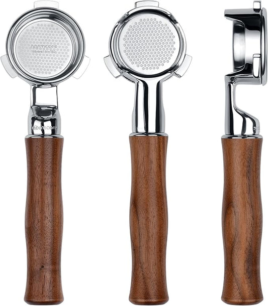 Normcore 54mm Bottomless Portafilter with 18g Precision Filter Basket, Fits Breville 54mm Machines Including Bambino Plus BES500, Genuine American Walnut Handle
