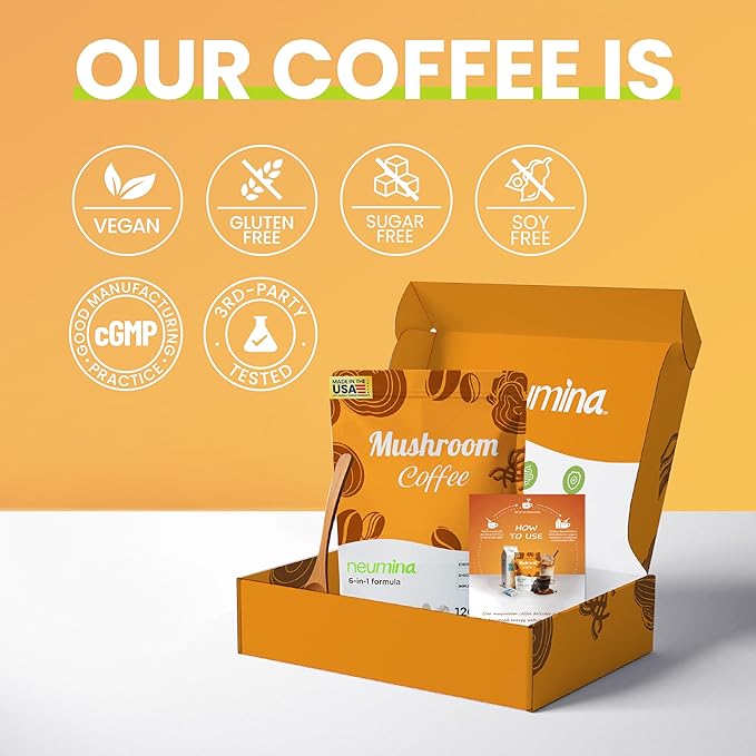 Neumina 6-in-1 Mushroom Coffee | Energy Coffee with 6 Adaptogenic Mushrooms(Cordyceps, Lion's Mane, Reishi, Chaga, Shiitake, Turkey Tail), 30 Servings, 1200mg Mushrooms