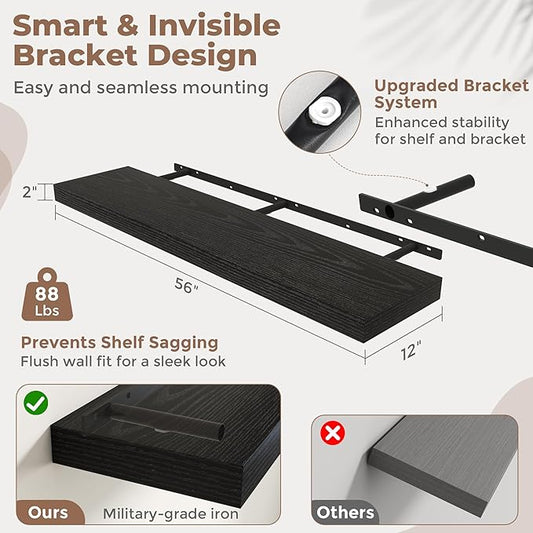 Marsmiles 12" Deep Floating Shelves for Wall with Invisible Brackets, Wall Mounted Engineered Wood Shelves with Wood Grain for Living Room, Bedroom, Kitchen Decor and Storage, 55" L Set of 1, Black