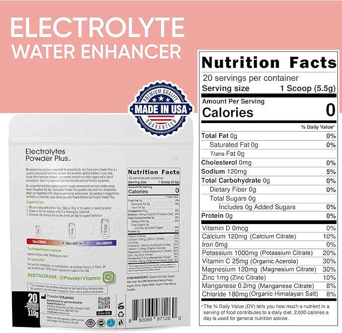 PowderVitamin Electrolytes Powder Plus (20 Servings) Watermelon Electrolyte Powder Zero Calorie Keto,0 Sugar, No Maltodextrin,1000mg Potassium,120mg Calcium,120mg Magnesium, Pink Himalayan Salt