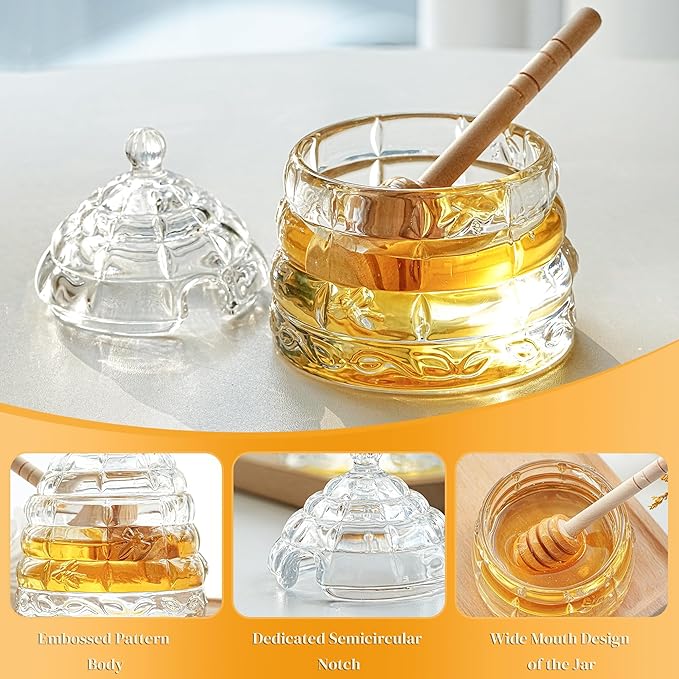 kanpura Honey Pot with Dipper and Lid 3.7oz Glass Honey Jar with Wooden Dippers Stick Set Syrup Dispenser for Home Kitchen (Clear)