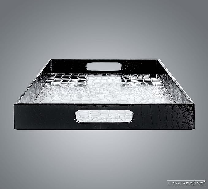 17.5"x12" Silver & Black Glossy Crocodile Faux Leather Serving Tray Beautiful Modern Elegant Decorative Tray with Handles Ottoman Coffee Table Tv Remote Storage for All Occasion's