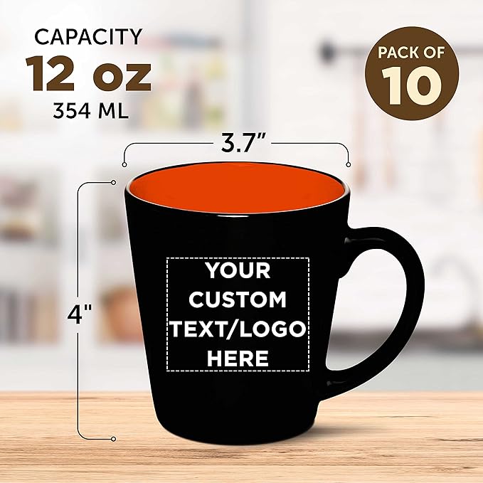 Custom Ceramic Coffee Latte Mugs 12 oz. Set of 10, Personalized Bulk Pack - Perfect for Coffee, Tea, Espresso, Hot Cocoa, Other Beverages - Orange
