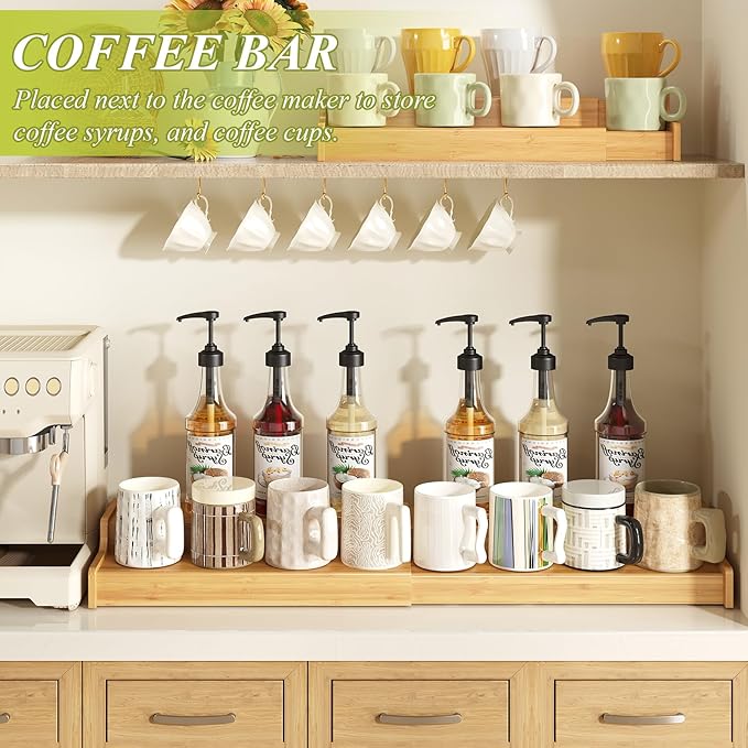 2-Tier Expandable Bamboo Mug Holder Coffee Mug Rack Organizer for Countertop, Multi-Functional Mug Display Shelf for Coffee Bar, Kitchen, and Home (15.75"~30.71")