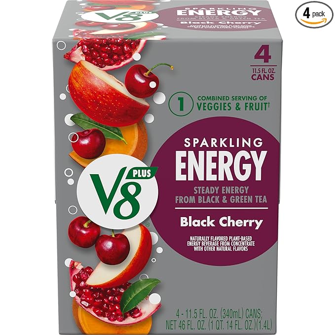 V8 +ENERGY Black Cherry Energy Drink, 11.5 fl oz Can (Pack of 4)