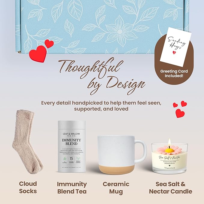 Get Well Soon Care Package for Women with Immunity Tea – Recovery Gift Box with Cozy Cloud Socks, Ceramic Mug, Hand-Poured Candle & Sending Hugs Card (Immunity Blend)