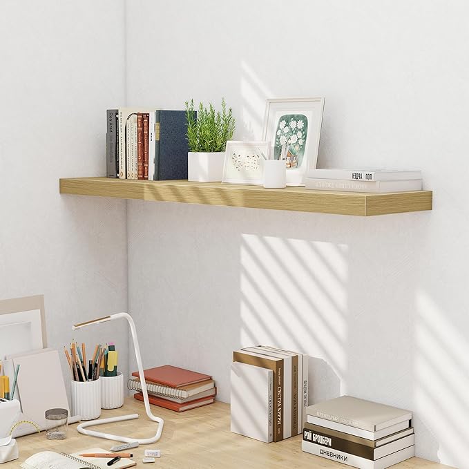 Fun Memories 55 Inch Fireplace Mentel Shelf, 10 Inch Deep Shelves for Display & Wall Storage, Rustic Wood Wall Shelf, Extra Long Floating Shelves for Living Room Laundry Room, Oak, Set of 1