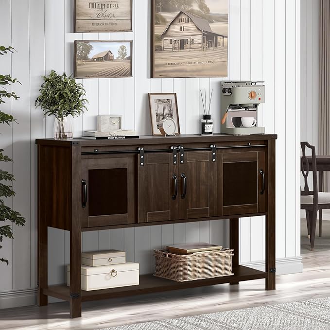 4ever2buy Farmhouse Coffee Bar Cabinet with Storage, 47'' Coffee Bar Table with Sliding Barn Door, Buffet Cabinet with Metal Mesh Doors, Console Table with Bottom Open Shelf, Brown