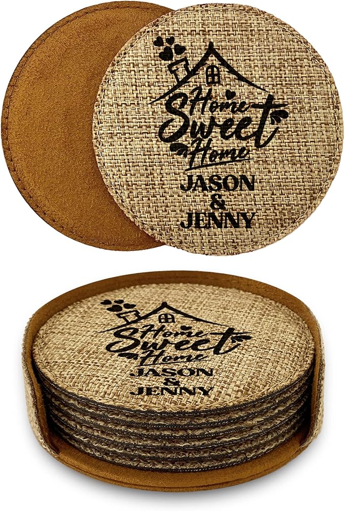 Smile Art Design Family Couple Names Custom Coaster Set of 6 with Base Round Burlap Material Family Name Home Sweet Home Print Personalized Gifts House Warming Wedding Gift Rustic Home Decor Style11