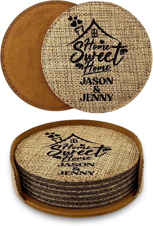 Smile Art Design Family Couple Names Custom Coaster Set of 6 with Base Round Burlap Material Family Name Home Sweet Home Print Personalized Gifts House Warming Wedding Gift Rustic Home Decor Style11