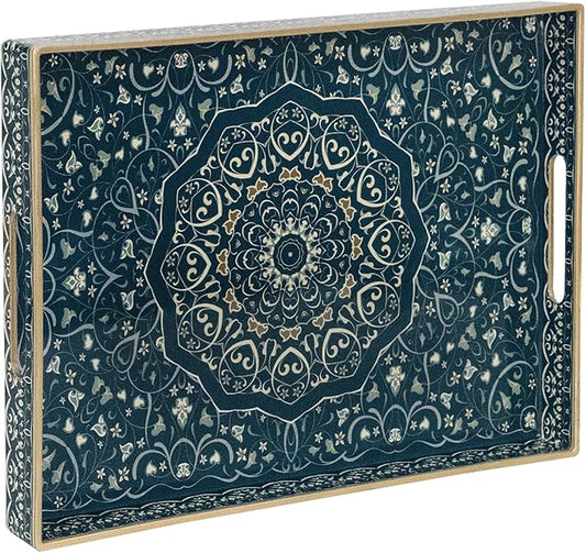 MAONAME Serving Tray with Handles, Plastic Rectangular Tray for Coffee Table, Dark Blue Boho Decorative Trays for Ottoman, Living Room, 15.8" Lx 11.8" W X 1.6" H