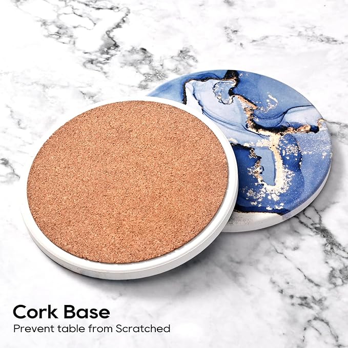 CoColemon Navy Blue Absorbent Coasters Set of 6, Marble Abstract Coaster with Holder, Home Coffee Table Décor for Women, Cute Cork Coasters for Drinks