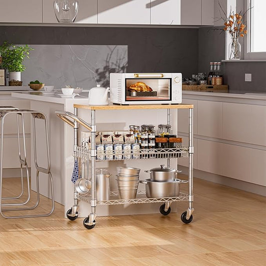 NTE Rolling Kitchen Carts on Wheels, 650Lbs Capacity 3 Tier Utility Cart with Wood Tabletop, Kitchen Storage Cart with 8 Hooks, Metal Serving Cart with Handle and Shelf Liners for Kitchen, Restaurant