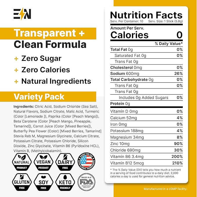 Engineered Nutrition Sugar-Free Electrolyte Powder Packets - Sampler Pack - Keto Hydration Packets with Magnesium, Potassium & Sodium - Zero Calorie, Vegan, Non-GMO, Gluten-Free - 10 Single Servings