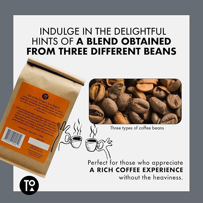 Touring Coffee Roasters Tail of the Dragon Signature Blend Coffee Whole Beans Dark Roast – Grown in Sumatra, Colombia and Guatemala, Chocolate, Nutty, Earthy, Natural Sun Dried – 12oz