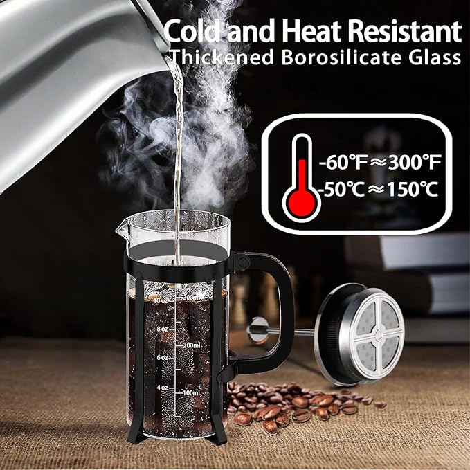 YMMIND French Press Coffee Maker 304 Stainless Steel Coffee Press,with 4 Filters System, Heat Resistant Thickness Borosilicate French Press Glass, BPA-Free Brewed Tea Pot Coffee Plunger(Copper 12oz)