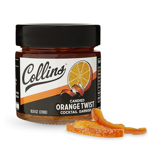 Collins Candied Fruit Orange Peel Twist in Syrup, Popular Cocktail Garnish for Skinny Margarita, Martini, Mojito, Orange Peel for Old Fashioned Drinks, Baking, Desserts, Salad, 10.9 oz