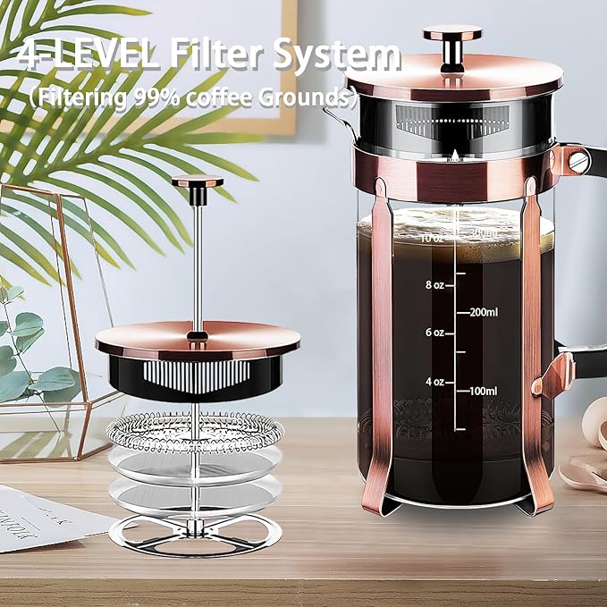 YMMIND French Press Coffee Maker 304 Stainless Steel Coffee Press,with 4 Filters System, Heat Resistant Thickness Borosilicate French Press Glass, BPA-Free Brewed Tea Pot Coffee Plunger(Copper 12oz)