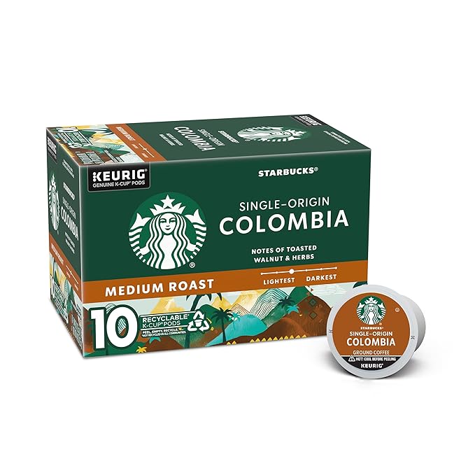 Starbucks K-Cup Coffee Pods, Medium Roast Coffee, Colombia, 100% Arabica, 1 box (10 pods)