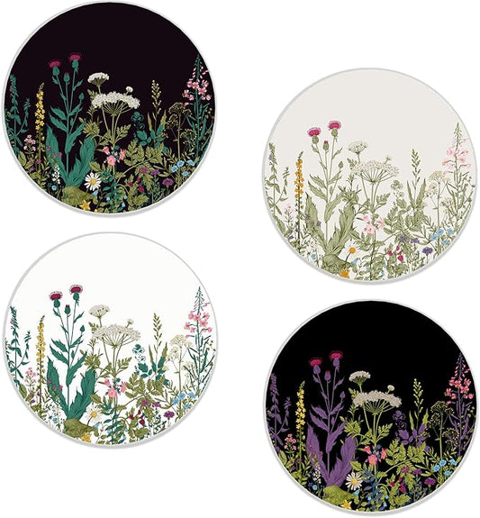 Drinks Coasters Set of 4, Spring Wildflowers Round 4" Cup Coasters, Absorbent Ceramic Stone Coasters with Cork Base, Cute Coasters for Table Home Décor, Ideal Gifts for Women Men