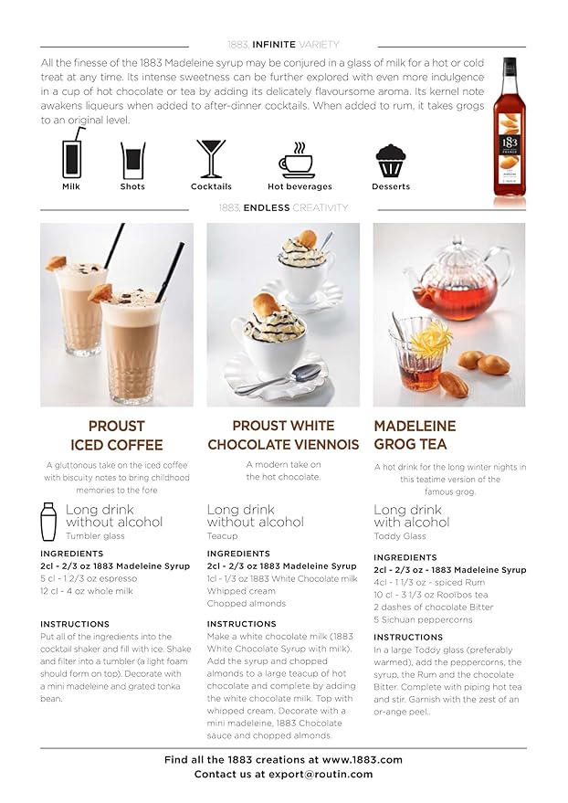 1883 French Madeleine Syrup for Drinks – Premium Flavoring Syrup Made in France, 1 Liter Glass Bottle – Perfect for Coffee, Lattes, Cocktails, and Desserts