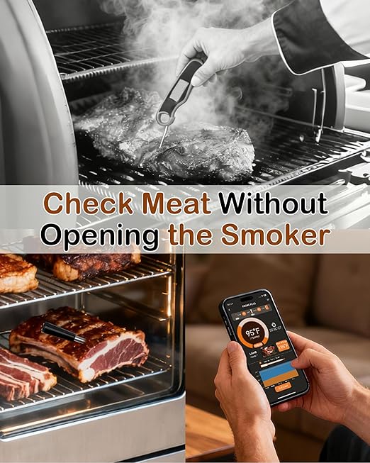 Smoker Wireless Meat Thermometer Digital: Smart Long-Range Bluetooth for Outdoor Smoking - 24H Probe App Alerts Precise Temp Tracking for Offset/Pellet/Charcoal/Kamado Smoker Master