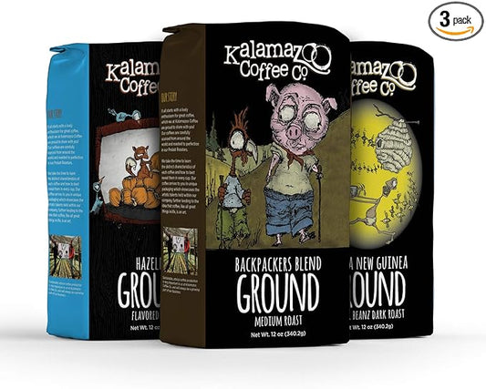 KALAMAZOO COFFEE COMPANY Ground Coffee Variety Pack - Hazelnut, Backpackers Blend, & Papua New Guinea | 12oz Bag (3 Pack)