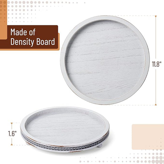 Bamboo Land- Round Decorative Trays for Coffee Table, 12", Light Gray, Wood Tripod & Beaded Design, Wooden Round Tray for Coffee Table