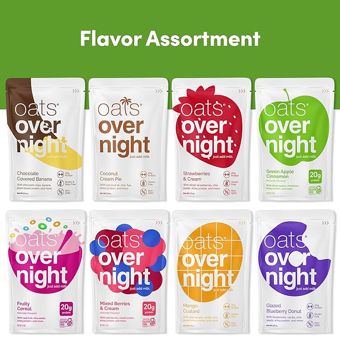 Oats Overnight Fruit Variety Pack - High Protein, High Fiber Breakfast Protein Shake - Gluten Free Oatmeal, Non GMO High Protein Oatmeal - Fruity Cereal, Chocolate Covered Banana & More (8 Pack)