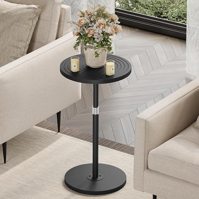 Round Side Table Set of 2, Adjustable-Height Small Drink Table, Pedestal Martini Stand, Weighted Base Cocktail Table Accent Nightstand for Living Room, Bedroom, Bathroom, Office, Black