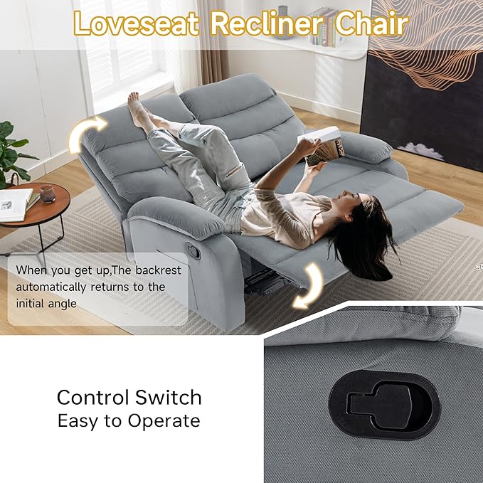 Loveseat Recliner Sofa Couch, Velvet 2-Seater Reclining Sofa for RV, Double Seater Wall Hugger Recliner Chair for Living Room, Home Theater Seating, Dark Grey