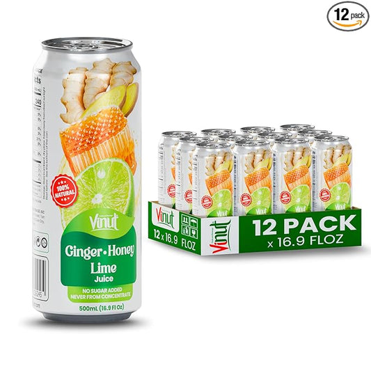 VINUT Ginger, Honey & Lime Juice, 85% Juice, No Added Sugar, Not From Concentrate, 16.9 fl oz (500 mL) Can, Pack of 12