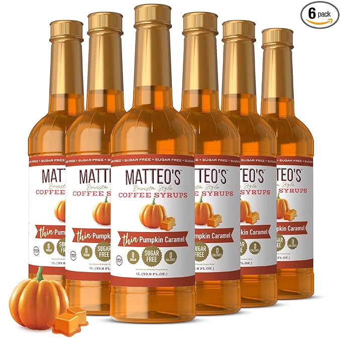 Matteo's Pumpkin Caramel Syrup for Coffee, Lattes, Cappuccinos & Desserts – Sugar-Free Sweetener for Beverages, Keto Friendly, Zero Calories, Indulgent Flavor, Non-Alcoholic, 33.8oz (6pk)