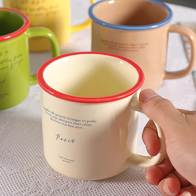 10 oz Retro Enamel-Style Coffee Mug, Minimalist Colorful Rim Ceramic Cups With Text Deign & Colorful Rims (White)