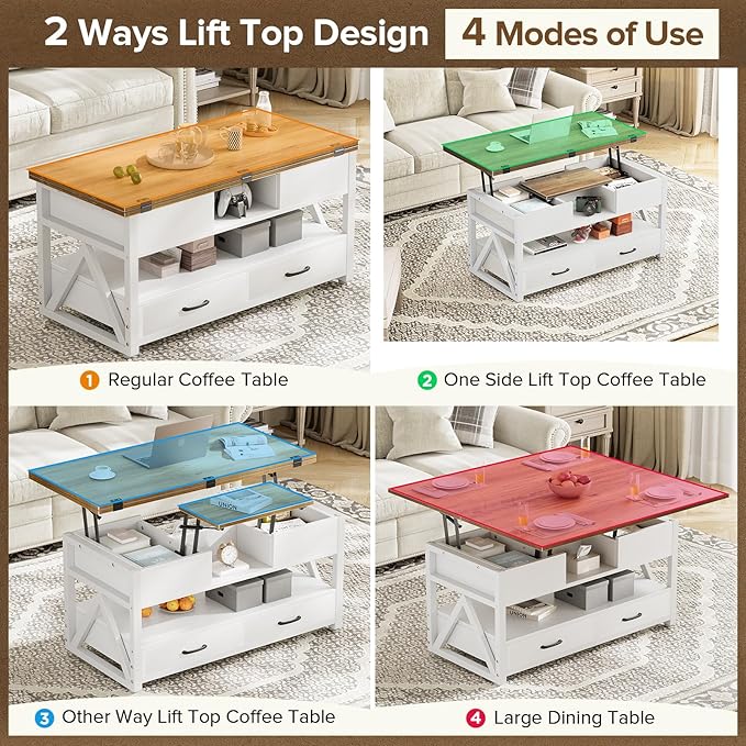 40" Lift Top Coffee Table,4 in 1 Multi-Function Lift Coffee Tables with Storage Drawers and Hidden Compartmen,Farmhouse Coffee Table with Lifting top for Living Room, White+Brown