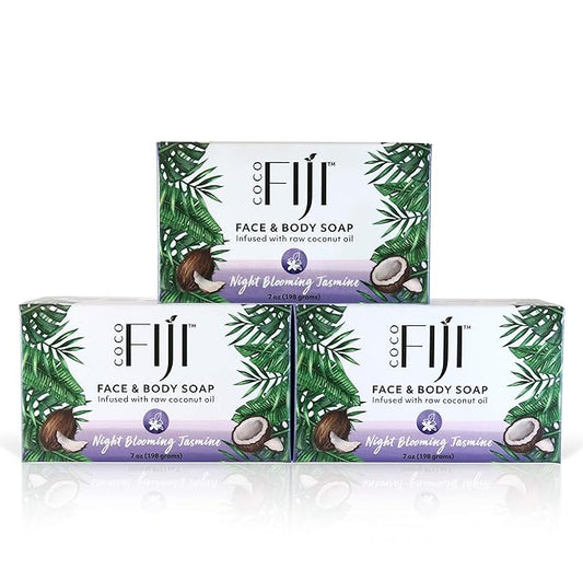 "Coco Fiji Soap Bar for Face and Body Infused With Organic Coconut Oil, Night Blooming Jasmine Essential Oil, Natural Soap for Moisturizing & Pore Purifying Skin, 7 oz, Pack Of 3 "
