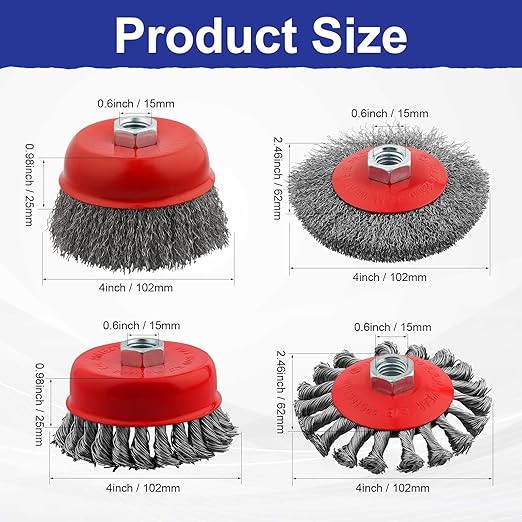 Rocaris 20 Pack Wire Wheel Cup Brush, 4 Inch Twisted Knotted & Coarse Crimped Cup Brush for Angle Grinders, 5/8 -11 Inch Threaded Arbor for Drill