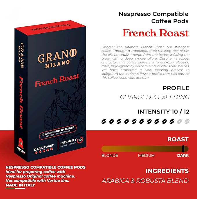 New Grano Milano French Roast Coffee Capsules - 50 Aluminum Coffee Pods Compatible with Nespresso Original line, Dark Roast - Intensity 10/12, Made in Italy