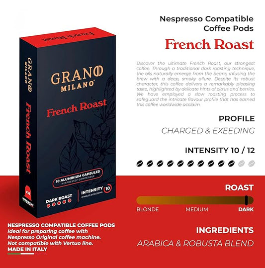 New Grano Milano French Roast Coffee Capsules - 50 Aluminum Coffee Pods Compatible with Nespresso Original line, Dark Roast - Intensity 10/12, Made in Italy