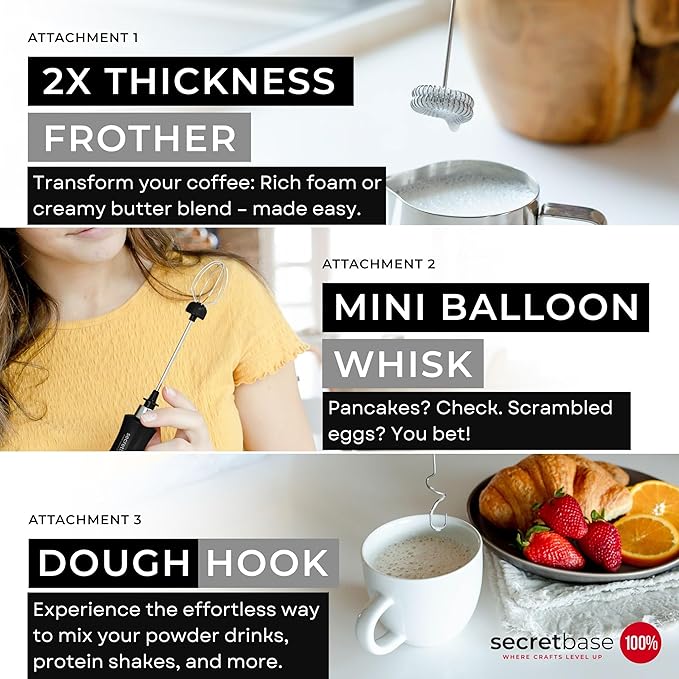 Secretbase Handheld Rechargeable Milk Frother - 3 Speed, USB-C Charging - Stainless Steel Double Whisk for Bulletproof Coffee, Espresso Whipper, Mini Electric Stirrer (Black Frother without Pitcher)